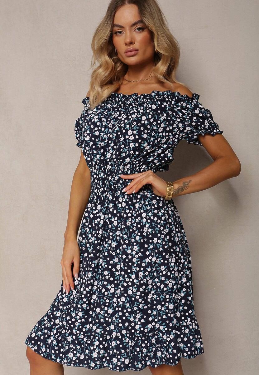 Zielona Bawełniana Sukienka Midi Hiszpanka z Gumką w Pasie Dnise