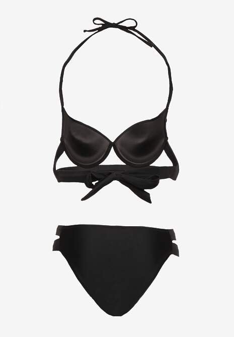 Czarne Bikini Majtki Figi z Wycięciami i Biustonosz z Ozdobnymi Paskami Kinalana