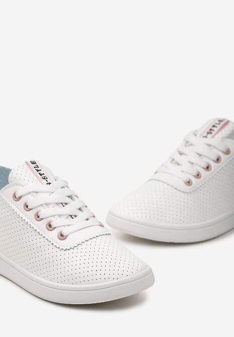 Biało-Różowe Tenisówki Ozdobione Taśmą z Napisem na Języku i Pięcie Cholewka z Perforacją Aelita