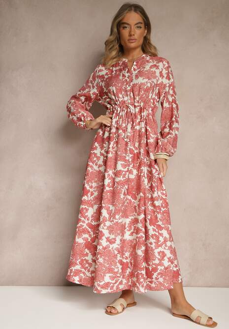 Różowa Kwiecista Sukienka z Wiskozą o Rozkloszowanym Kroju Filennea