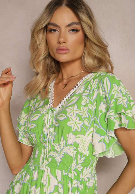 Jasnozielona Sukienka z Wiskozy z Krótkim Rękawem Wiązana z Przodu Marszczona w Pasie Tessam