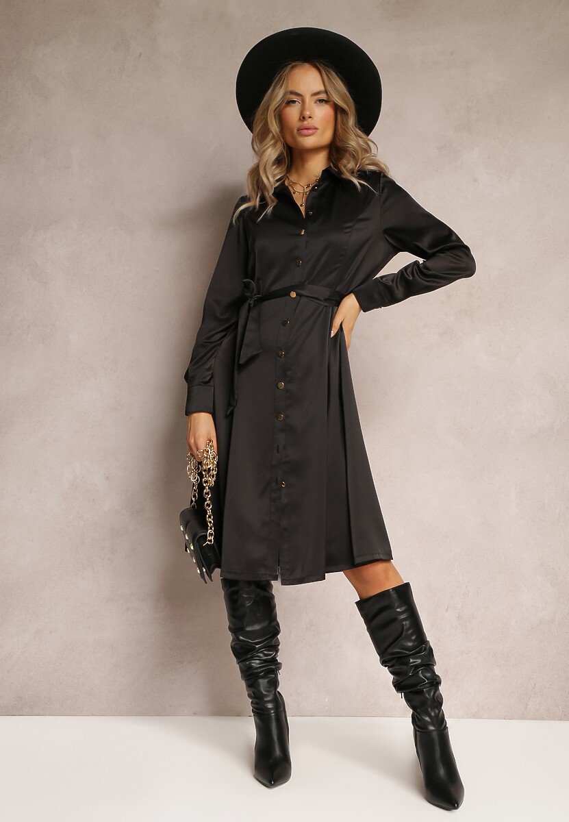 Czarna Sukienka Koszulowa z Wiązanym Paskiem Ezaovy