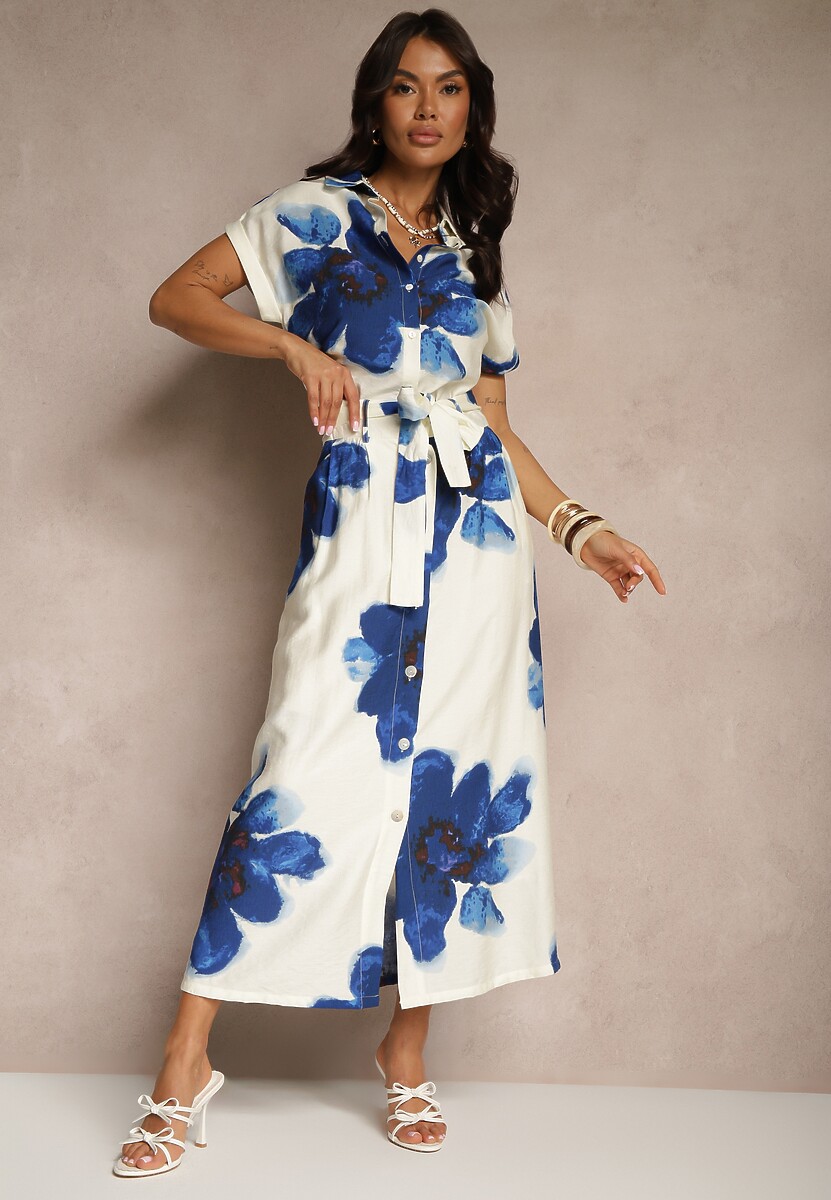 Niebieska Wiskozowa Kwiatowa Spódnica High Waist z Ozdobnym Paskiem i Guzikami Helseli