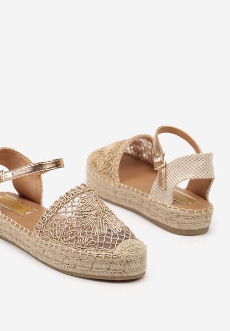 Szampańskie Espadryle na Niskiej Platformie Zapinane wokół Kostki z Plecionką Asanipia