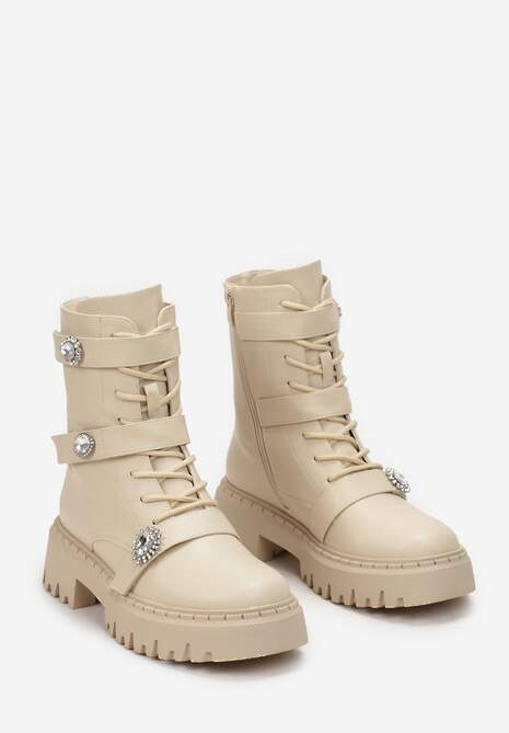 Beżowe Workery Botki z Rzepami Ozdobione Klamerkami z Cyrkonami Sotina