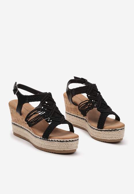 Czarne Sandały z Korkiem i Plecionką na Koturnie i Splecionymi Paseczkami Larosa