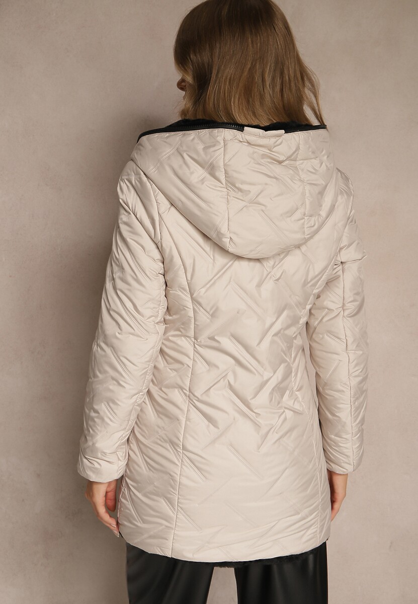 Beżowa Dwustronna Kurtka z Kapturem Pikowanymi Przeszyciami i Futerkiem Rossalea