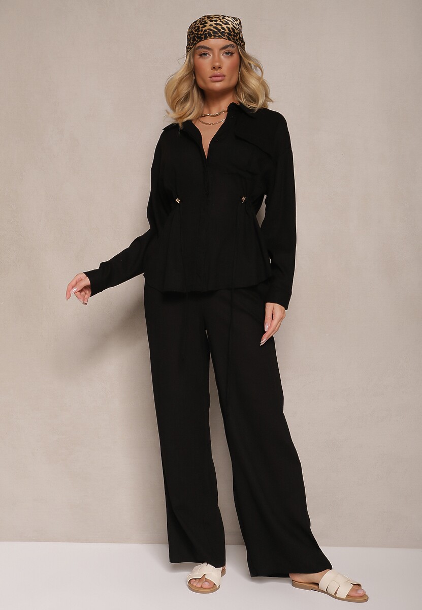 Niebieski Komplet z Wiskozą Spodnie o Szerokim Kroju i Koszula Ściągana w Talii Divanea