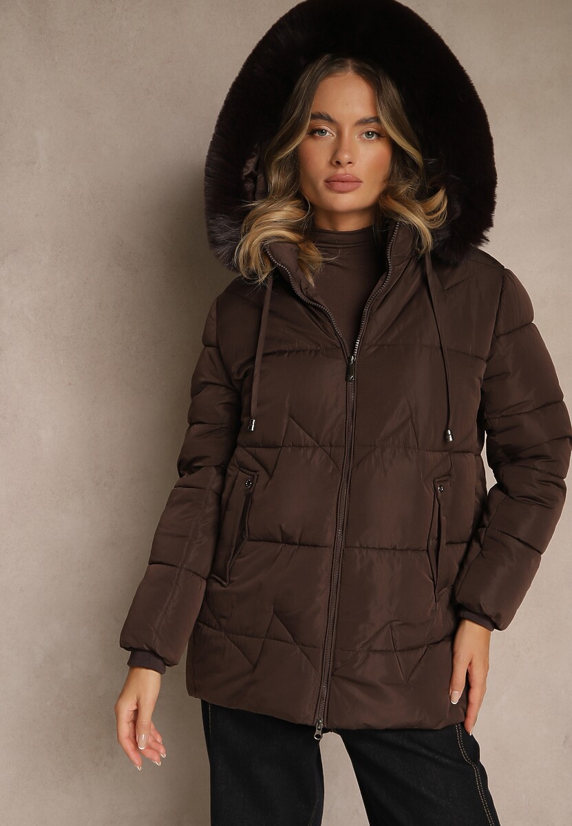 Brązowa Klasyczna Kurtka z Pikowanymi Przeszyciami i Kapturem z Futrem Mundrie