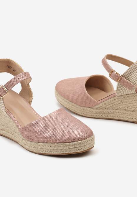Różowe Sandały na Plecionym Koturnie w Stylu Espadryli z Noskiem z Ekoskóry Beonira