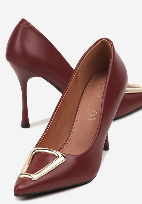 Bordowe Szpilki Vices z Wkładką ze Skóry Naturalnej Ozdobione Klamrą Miava