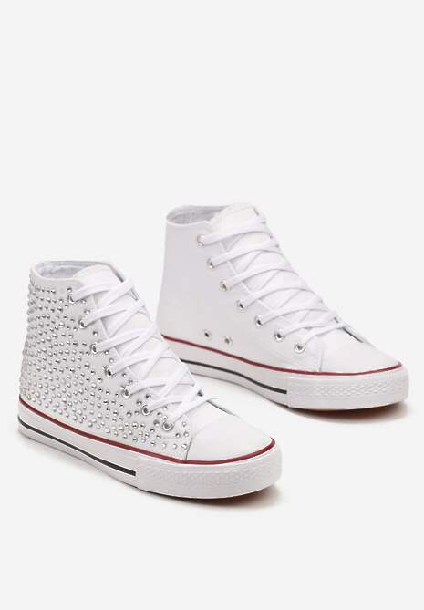 Białe Cyrkoniowe Trampki na Płaskiej Podeszwie z Wysoką Cholewką Isisea