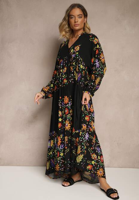 Czarna Rozkloszowana Sukienka z Wiskozy w Kwiaty Clevea