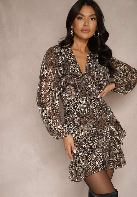 Brązowa Sukienka w Panterkę o Kopertowym Kroju z Falbanką i Marszczeniem w Talii Thirila