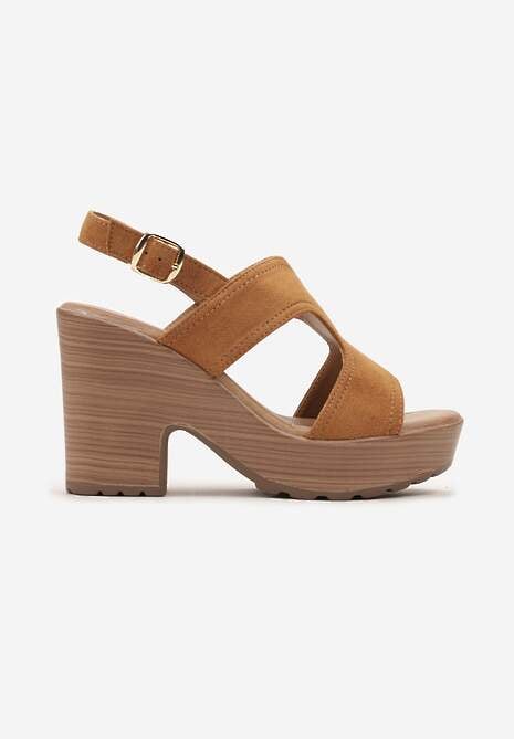 Brązowe Sandały Typu Chodaki na Słupku i Platformie Zapinane przy Kostce Racia