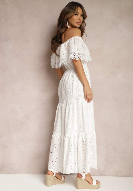 Biała Bawełniana Sukienka Hiszpanka Ażurowa Maxi z Falbankami i Koronką Telavia