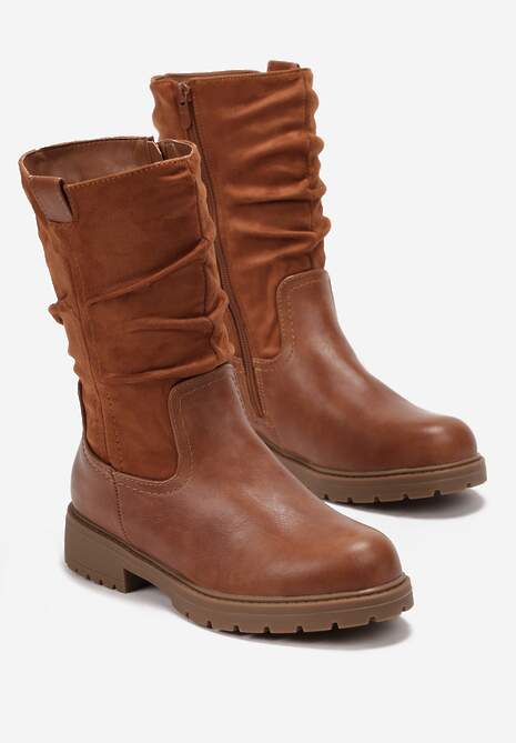 Brązowe Botki za Kostkę z Marszczoną Cholewką Sabaria