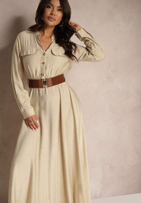 Beżowa Koszulowa Sukienka o Rozkloszowanym Kroju z Paskiem i Gumką Zinfretta