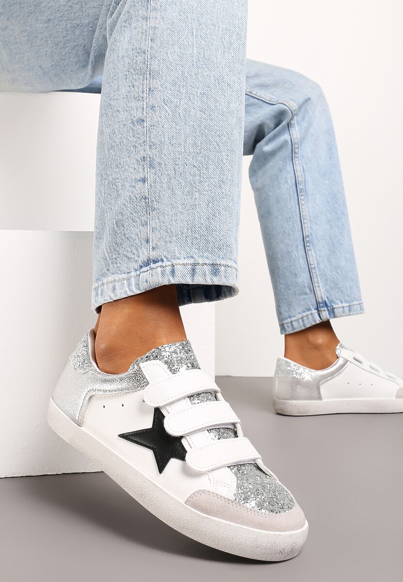 Złoto-Białe Sneakersy Ozdobione Brokatem z Rzepami Dolanda