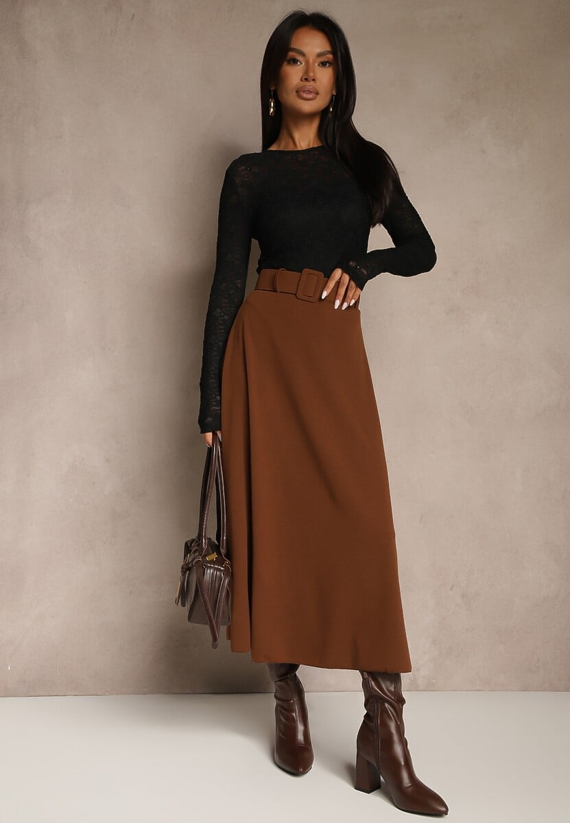 Brązowa Rozkloszowana Spódnica Maxi z Paskiem i Klamrą Adlirca