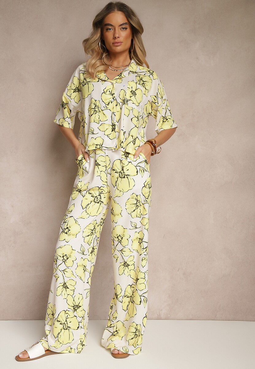 Żółty Komplet w Kwiaty Koszula z Krótkim Rękawem i Szerokie Spodnie Revanae