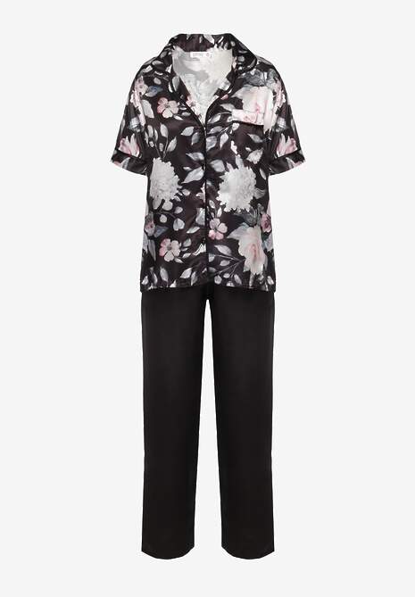 Czarny Komplet Piżamowy z Satynowego Materiału Koszula na Krótki Rękaw i Długie Spodnie Eneserea