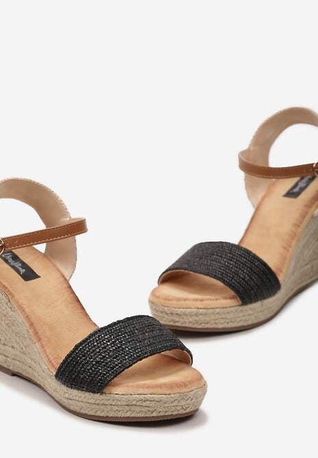 Czarne Sandały na Koturnie z Plecionki ze Sprzączką przy Kostce Storea