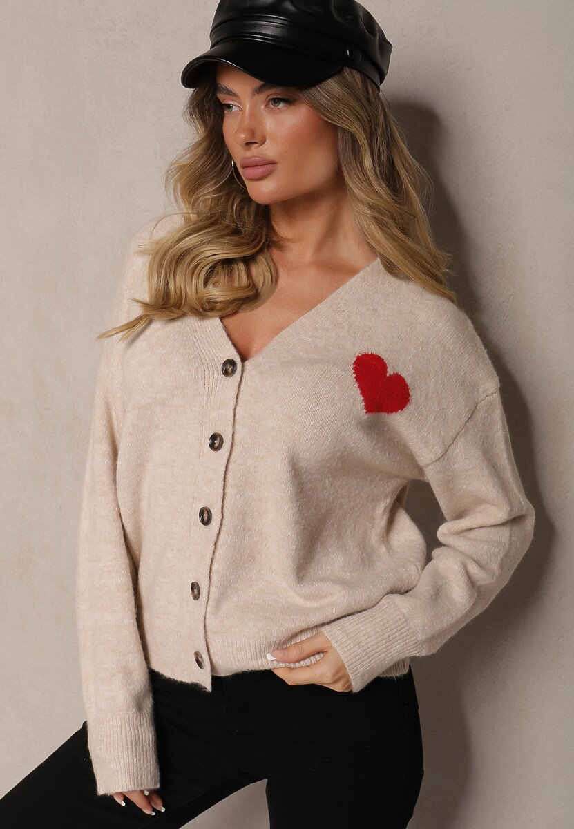 Beżowy Rozpinany Kardigan Ozdobiony Sercem Miathia