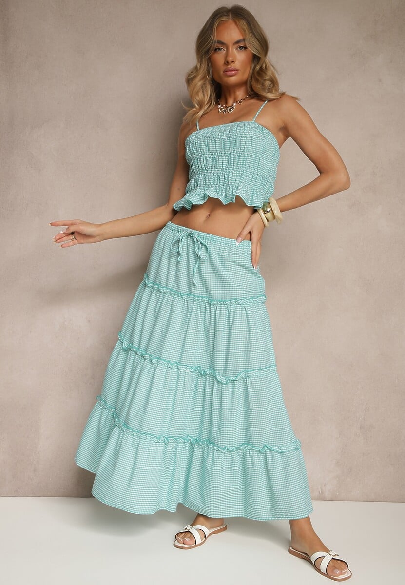 Zielony Komplet z Bawełny w Kratkę Vichy Top i Spódnica z Falbankami Frosirae