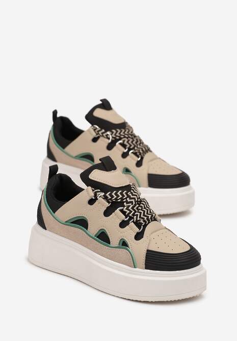 Beżowo-Czarne Sneakersy na Platformie Nazario