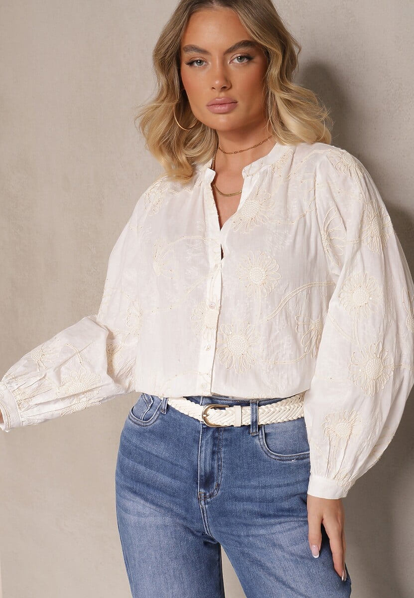 Biała Koszula z Bawełny z Ozdobnym Kwiatowym Haftem z Cekinami Gonisia