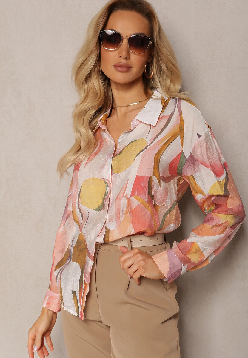 Beżowa Koszula o Klasycznym Fasonie w Abstrakcyjny Wzór Ratevia