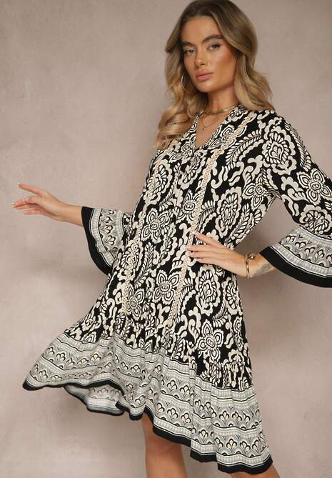 Czarna Rozkloszowana Sukienka z Wiskozy o Koszulowym Kroju w Kwiatowy Print Frolsemi