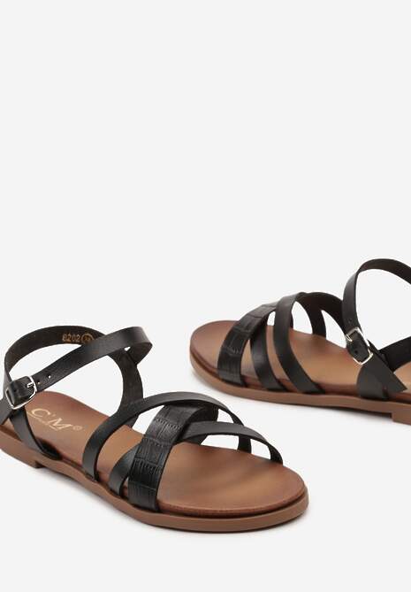Czarne Sandały na Płaskiej Podeszwie z Imitacji Skóry Zapinane na Sprzączkę Enolla
