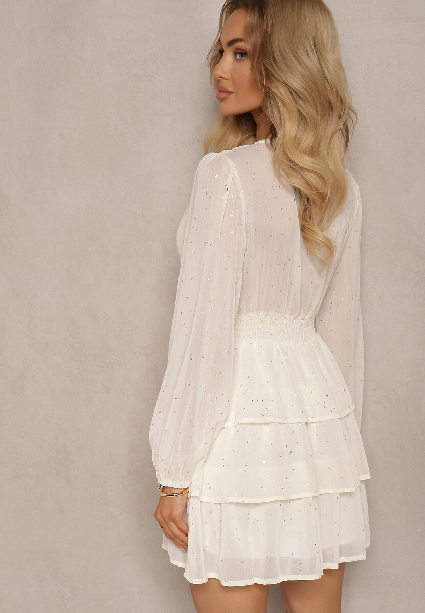 Jasnobeżowa Rozkloszowana Sukienka Mini z Metalicznym Nadrukiem i Falbankami Enrilea