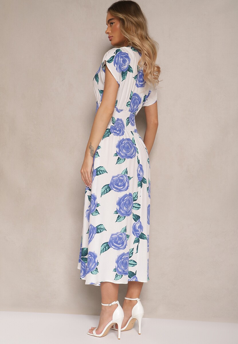 Niebiesko-Biała Kwiatowa Sukienka z Bawełną i Kopertowym Dekoltem Tdivaria