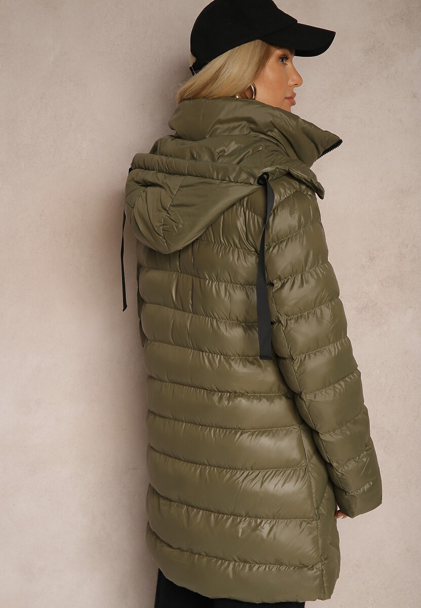 Ciemnozielona Zimowa Kurtka z Ukośnym Pikowaniem i Nieodpinanym Kapturem Siaritha