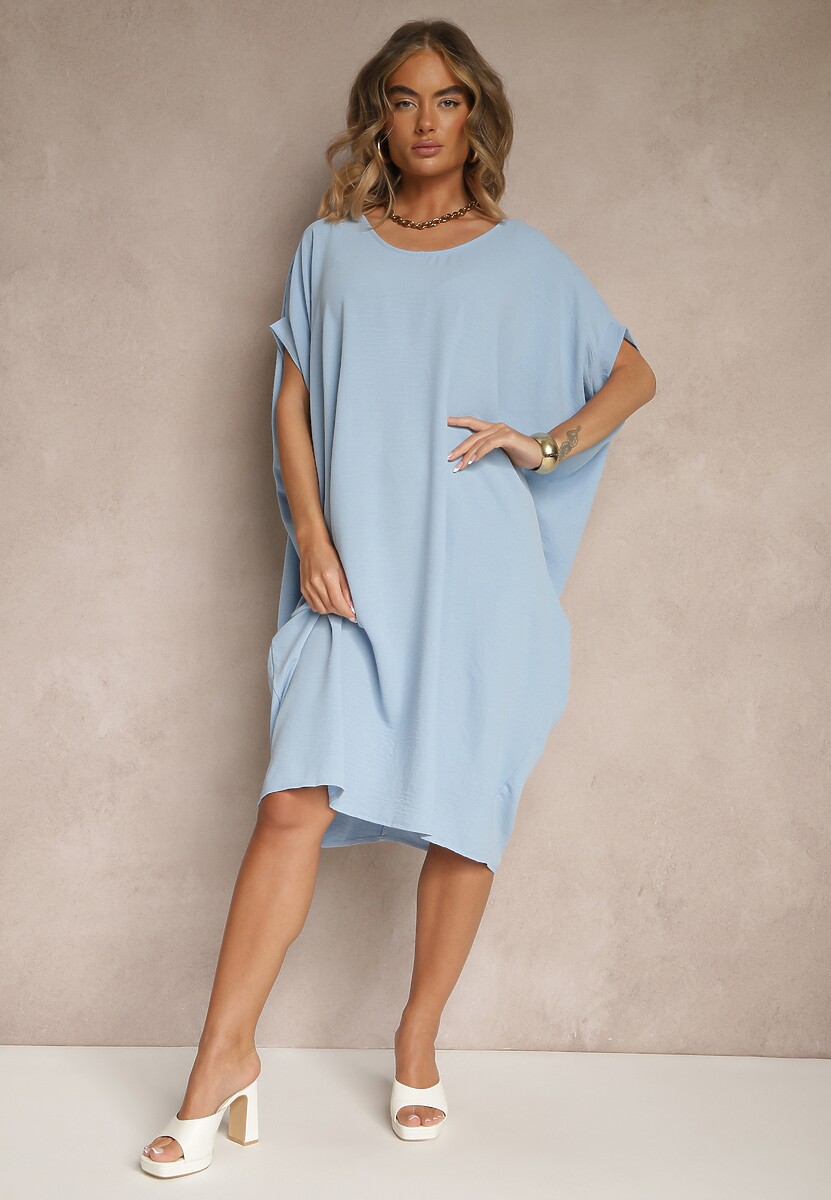 Niebieska Sukienka Mini o Fasonie Nietoperza z Okrągłym Dekoltem Maglia