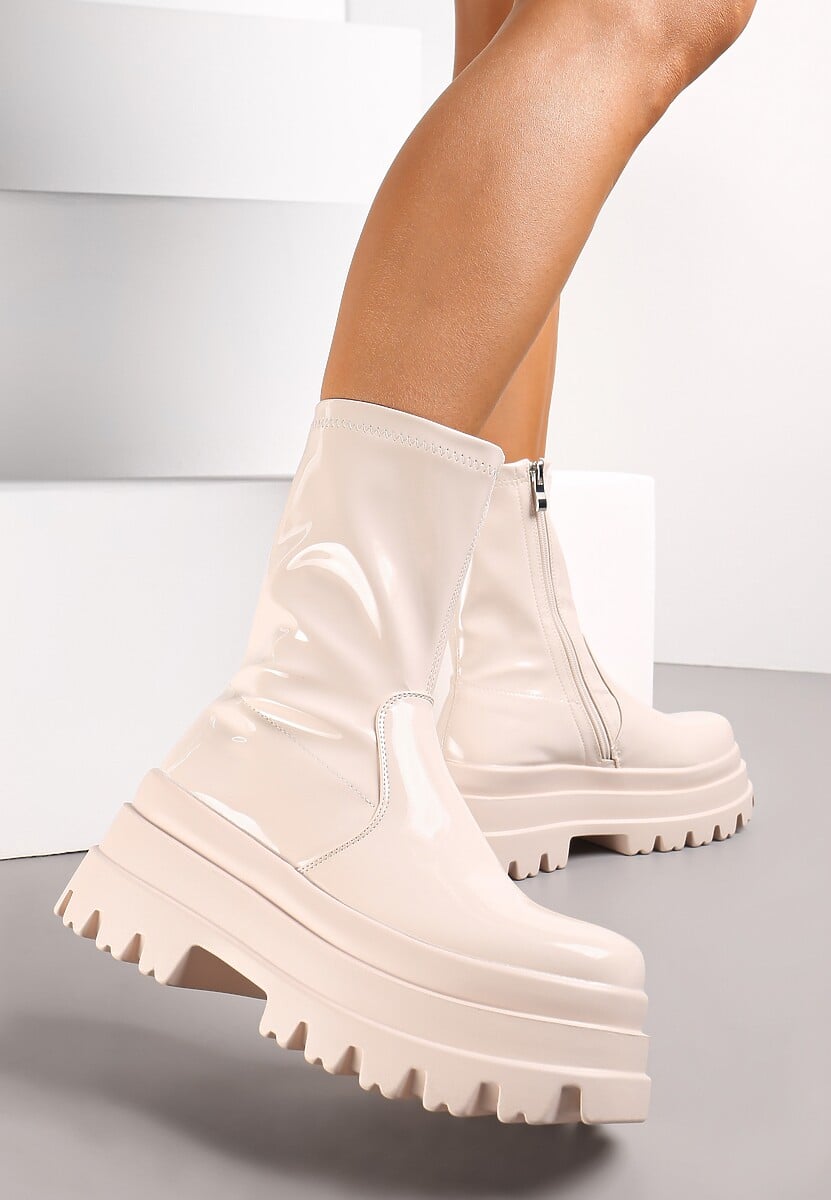 Beżowe Botki Lakierowane na Grubej Podeszwie Neafgi