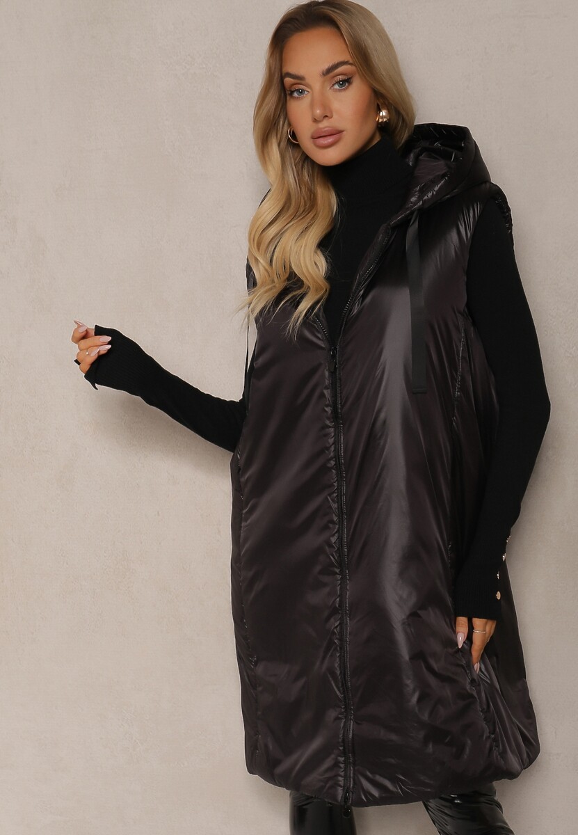 Ciemnobeżowa Długa Kamizelka o Prostym Kroju Zapinana na Suwak Nikiala