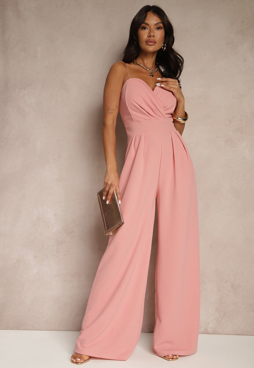 Różowy Kombinezon na Cienkich Ramiączkach z Kopertowym Dekoltem i Szerokimi Nogawkami Jovantia