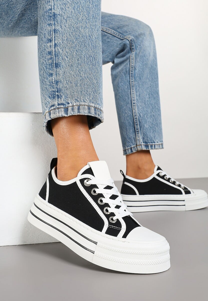 Czarne Trampki na Niskiej Platformie Ozdobione Cyrkoniami Felelith