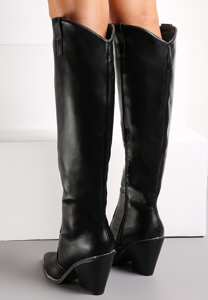 Czarne Kozaki Kowbojki do Kolana na Stożku z Drobnymi Cyrkoniami Nimai