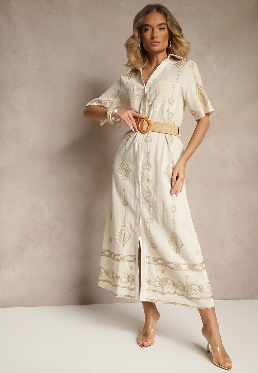 Beżowa Koszulowa Sukienka z Bawełny z Plecionym Paskiem Sariene