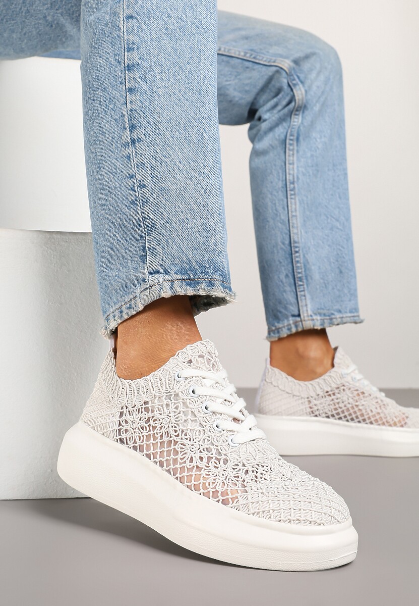 Beżowe Sneakersy Typu Tenisówki z Ażurową Cholewką i Skórzaną Wkładką Sonelis