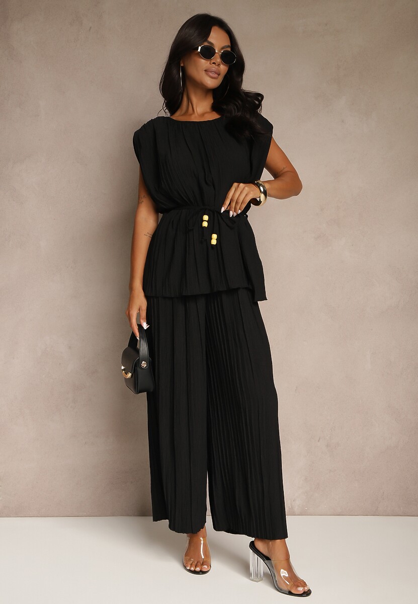 Czarny Komplet Zdobiony Plisami Bluzka z Wiązanym Paskiem i Szerokie Spodnie Gialle