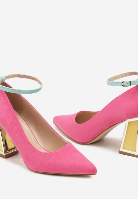 Fuksjowe Czółenka na Słupku Ozdobione Paskiem i Metaliczną Aplikacją Lannethe