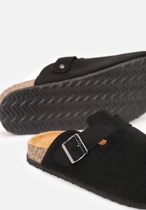Czarne Klapki na Płaskiej Podeszwie z Korka z Klamerką i Okrągłym Noskiem Shamsa