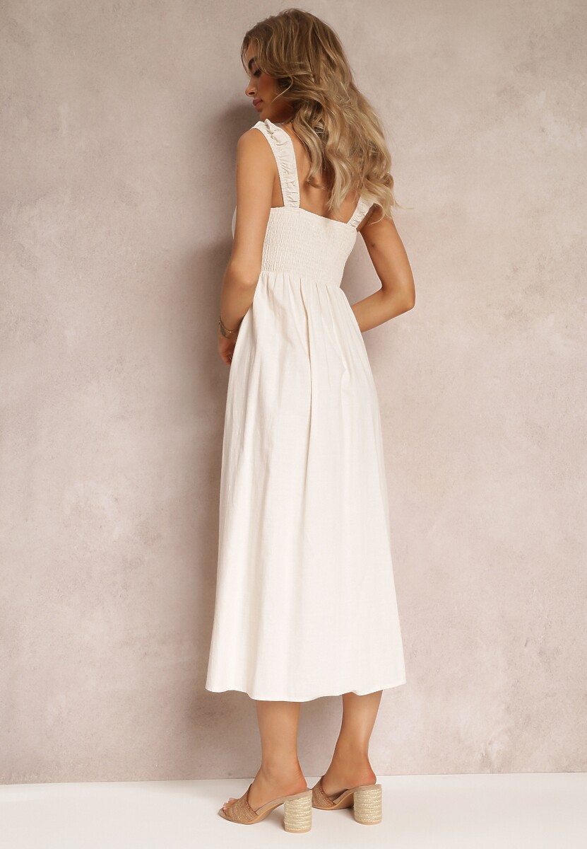 Jasnobeżowa Rozkloszowana Sukienka Bawełniana z Kwadratowym Dekoltem Trenna