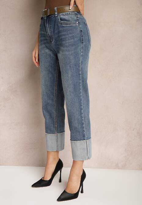 Niebieskie Jeansy Regular z Ozdobnie Wywiniętymi Nogawkami i Paskiem Corenamia